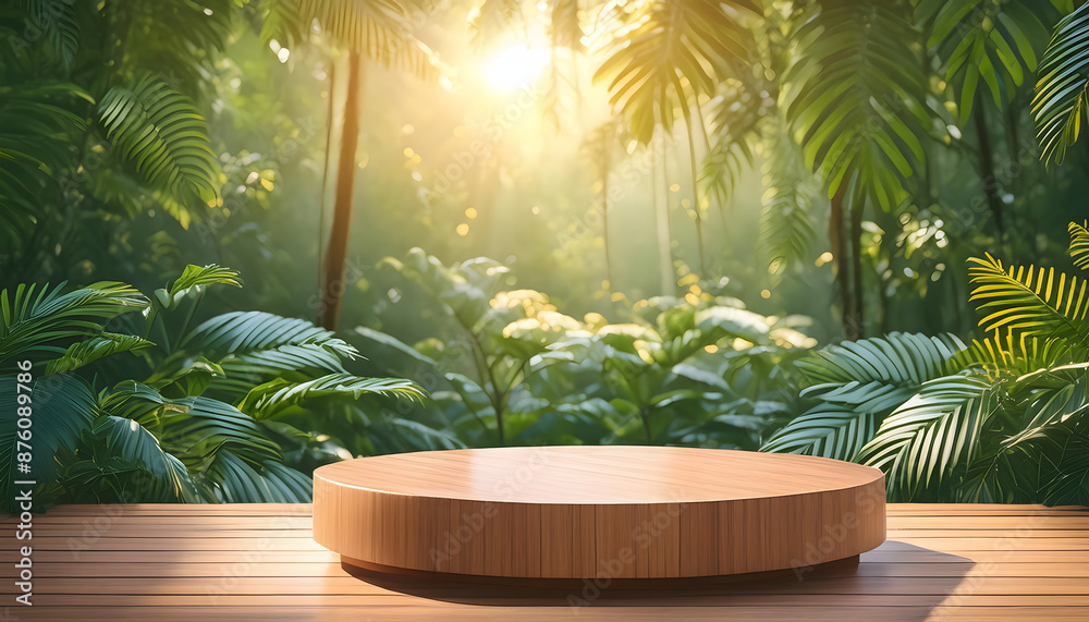 Wooden product display podium set against a lush jungle background. Sunlight filters throug_1(306) Wooden product display podium set against a lush jungle background. Sunlight filters throug_1(306)