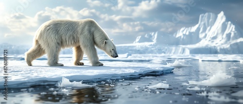 Arctic Exploration Polar bear walking across ice with distant glaciers photo