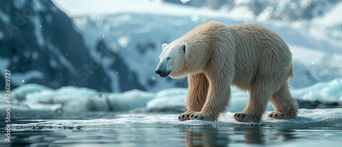 Arctic Exploration Polar bear walking across ice with distant glaciers photo