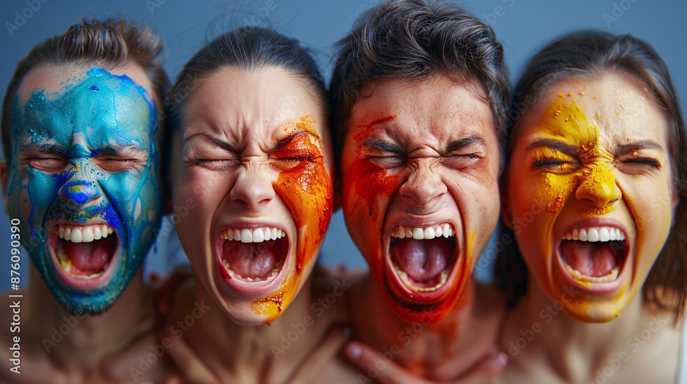 Obraz premium Vibrant Portraits of Four People with Colorful Face Paint Expressing Intense Emotions Against a Blue Background