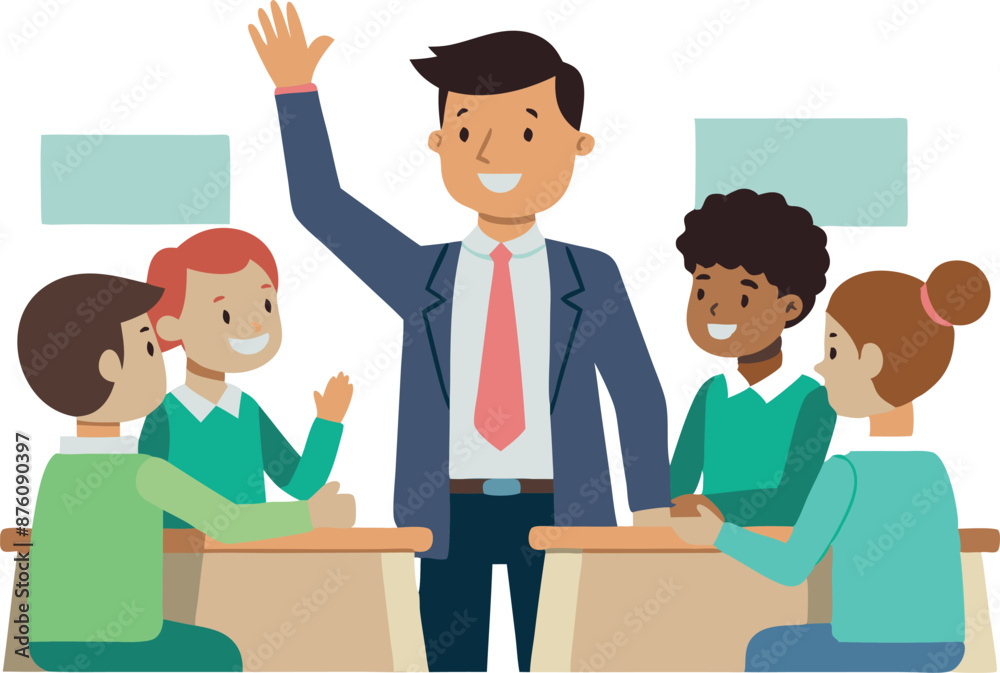 A cheerful male teacher interacting with a diverse group of students in a classroom setting. A cheerful male teacher interacting with a diverse group of students in a classroom setting.