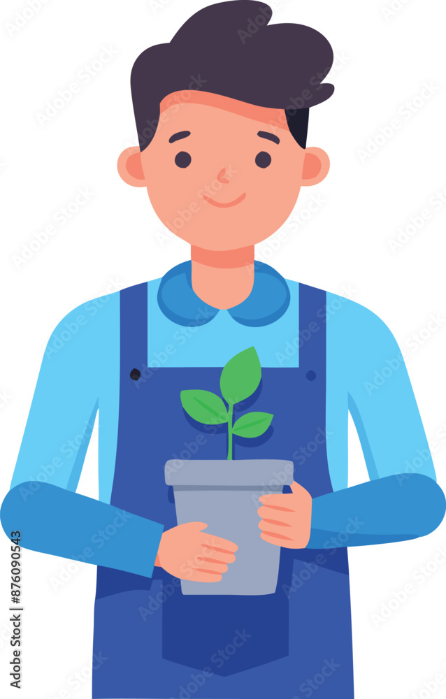 A person holding a plant pot, representing gardening and nature care. The illustration shows a young individual engaged in gardening activities.
