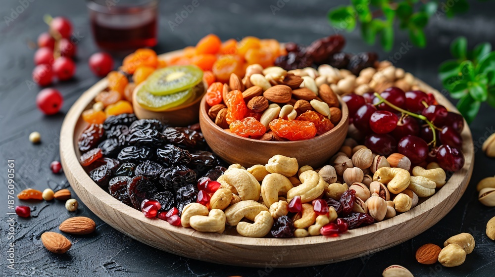 Assorted Nuts and Dried Fruits Platter with Fresh Grapes and Kiwi on a Dark Background Assorted Nuts and Dried Fruits Platter with Fresh Grapes and Kiwi on a Dark Background