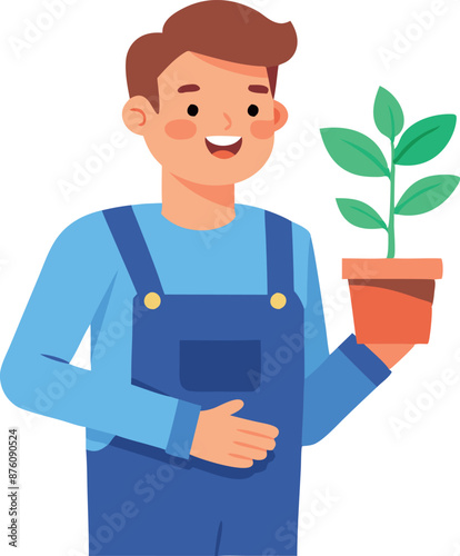 A cheerful young man is holding a small potted plant. He is wearing a blue shirt and overalls, symbolizing gardening and a connection to nature, smiling and expressing contentment with his hobby.