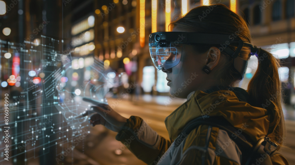 People using AR glasses or mobile devices to overlay map information onto their real-world surroundings, navigating a city with visual cues and directions displayed in their view. 