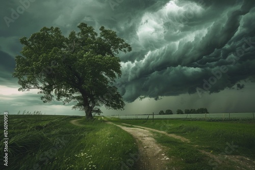 This dramatic image shows a lone tree standing tall against an ominous sky filled with swirling storm clouds, capturing the resilience of nature amidst impending chaos and turmoil photo