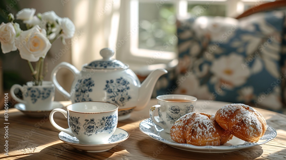 Elegant Morning Tea Setup with Floral Porcelain Teapot, Cups, and Fresh Pastries on Wooden Table by Sunlit Window Elegant Morning Tea Setup with Floral Porcelain Teapot, Cups, and Fresh Pastries on Wooden Table by Sunlit Window