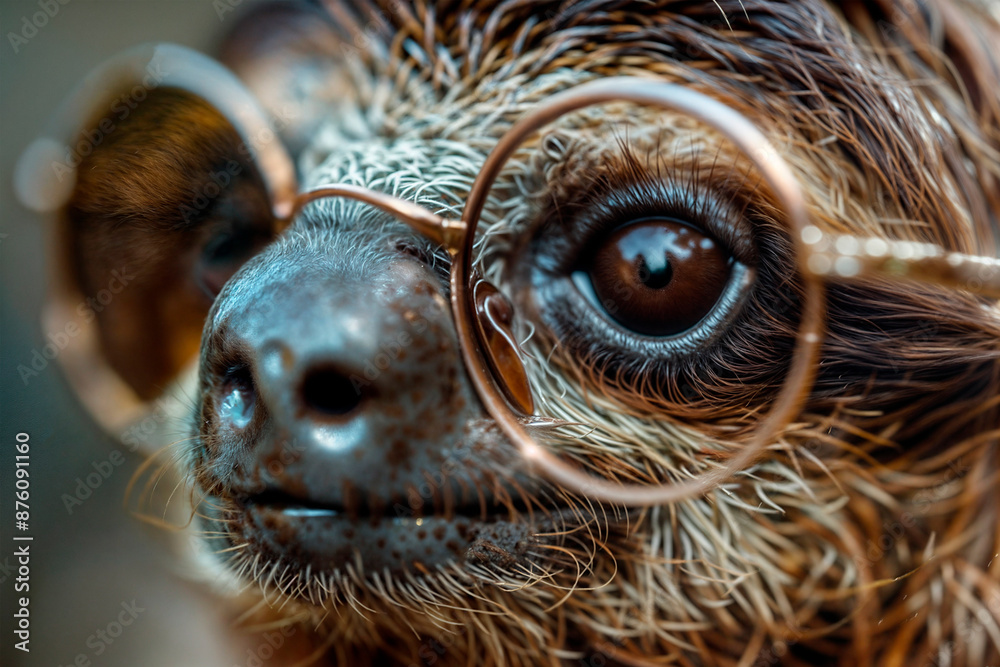 Obraz premium Close-up portrait of a sloth in the forest wearing glasses, animal