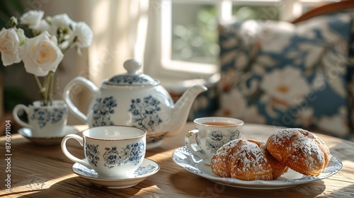 Wallpaper Mural Elegant Morning Tea Setup with Floral Porcelain Teapot, Cups, and Fresh Pastries on Wooden Table by Sunlit Window Torontodigital.ca
