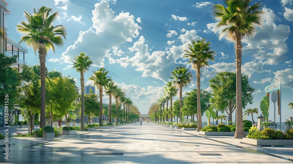 Promenade lined with palm trees, copy space for text, - Generative AI Promenade lined with palm trees, copy space for text, - Generative AI