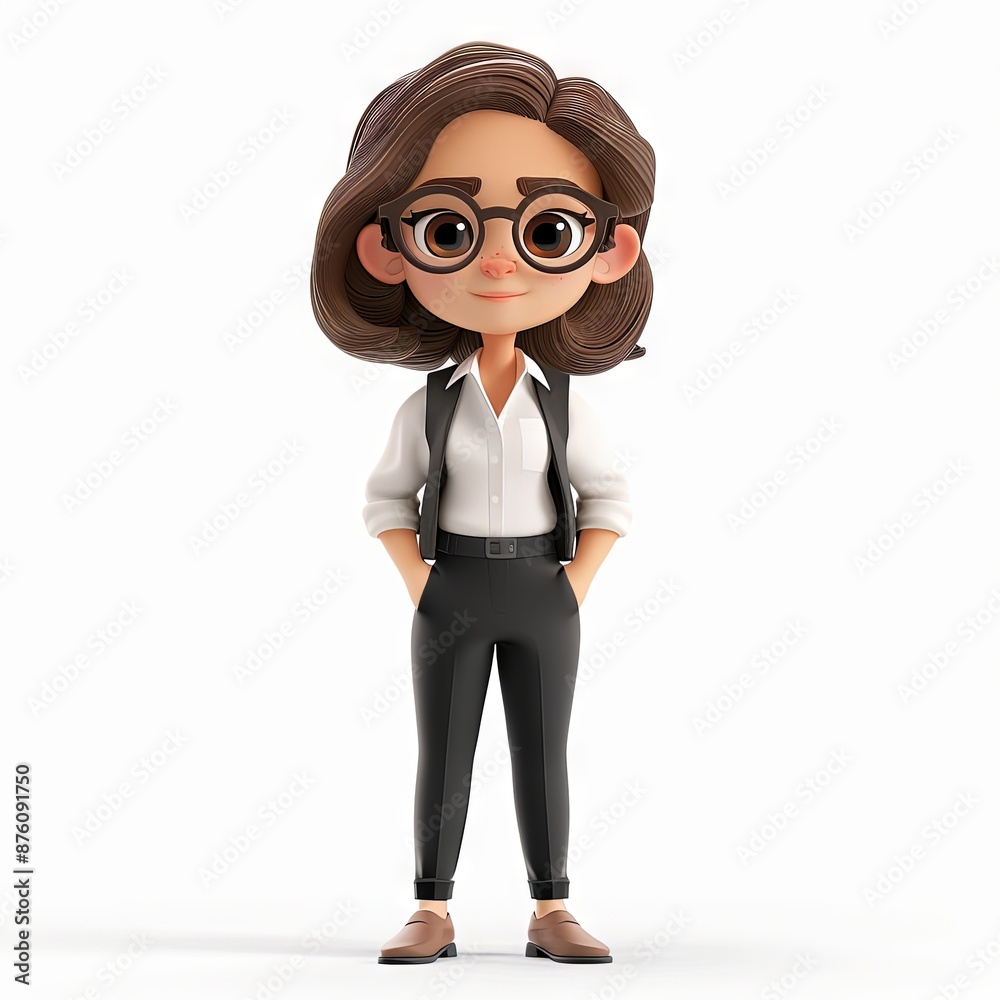 A 3D cartoon character of a professional lady wearing glasses, a white shirt, and black pants. She has her hair in a bun and is looking confident. A 3D cartoon character of a professional lady wearing glasses, a white shirt, and black pants. She has her hair in a bun and is looking confident.