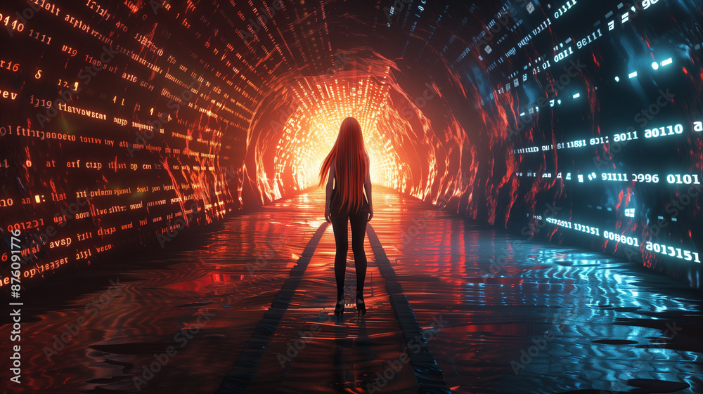 A beautiful hot girl stands in the surrounded by glowing numbers A beautiful hot girl stands in the surrounded by glowing numbers