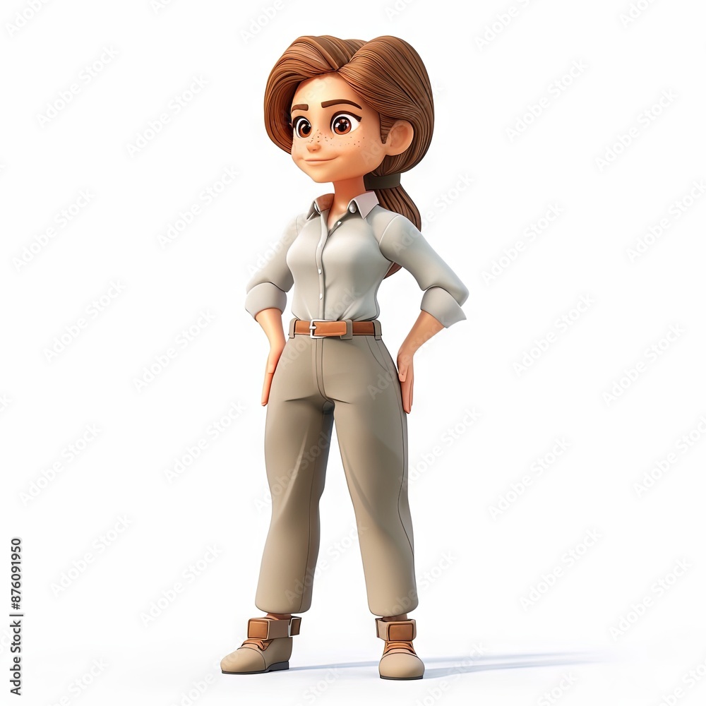 A 3D cartoon character of a professional lady wearing a white shirt and green pants. She has long, wavy hair and looks confident. A 3D cartoon character of a professional lady wearing a white shirt and green pants. She has long, wavy hair and looks confident.
