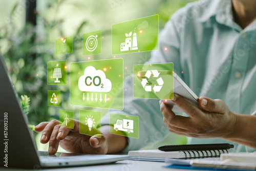 Wallpaper Mural Finance manager implemented digital technology to monitor CO2 emissions, reducing risk and promoting sustainable energy practices for an eco-friendly future. sustainable, energy, co2, technology. Torontodigital.ca