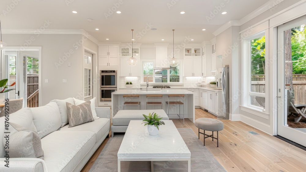 Elegant open-concept living area featuring a fabric sofa, modern kitchen with white cabinetry, marble island, and large windows allowing natural light to brighten the space. Elegant open-concept living area featuring a fabric sofa, modern kitchen with white cabinetry, marble island, and large windows allowing natural light to brighten the space.