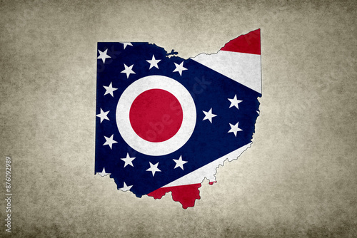 Map of the state of Ohio with its flag on a paper photo