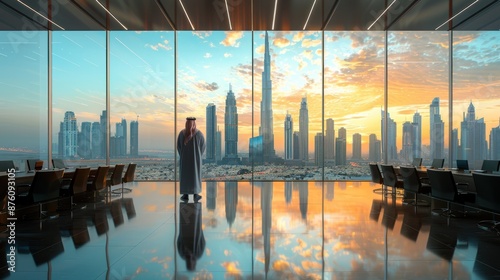Thoughtful Businessman Overlooking Modern Cityscape at Sunset photo