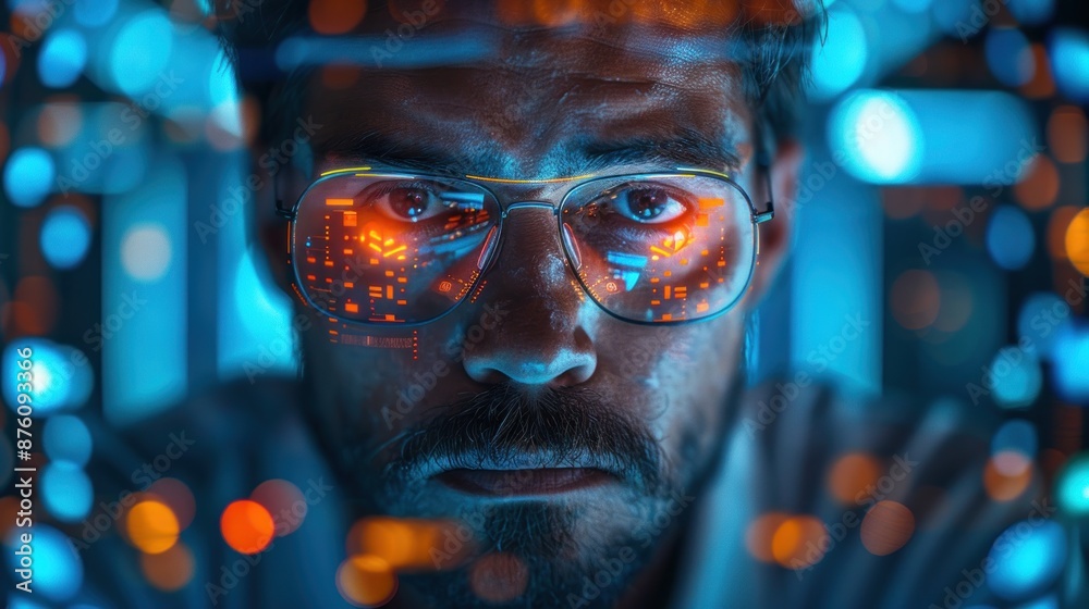Man wearing augmented reality glasses with a futuristic technology background Man wearing augmented reality glasses with a futuristic technology background