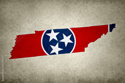 Map of the state of Tennessee with its flag on a paper
