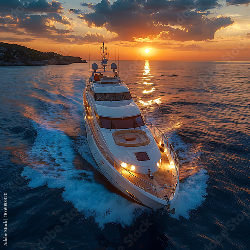 Luxury Yacht Sails at Sunset