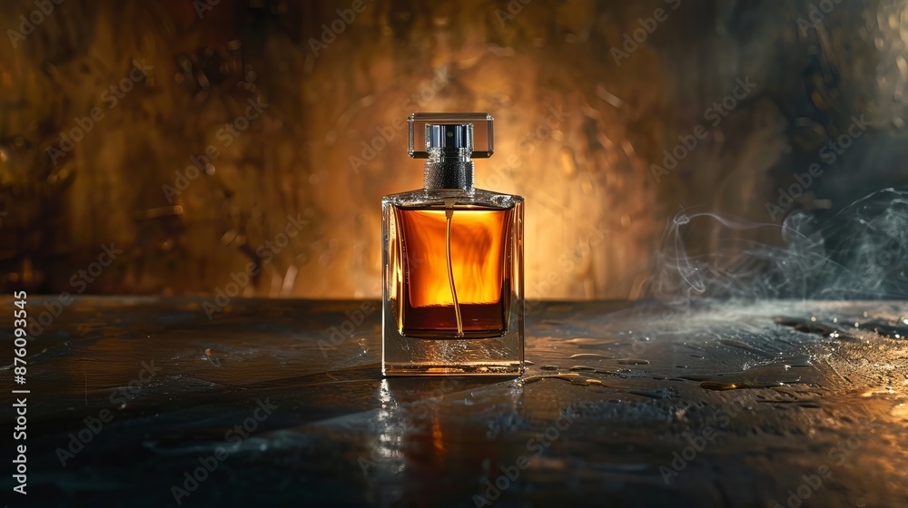Elegant perfume bottle with golden light and smoky background