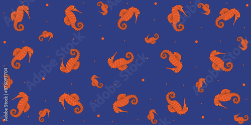 Summer seamless background. Seahorse ornament. Colorful Summer wallpaper design. Simple flat beach tropic theme. Vector illustration can used wall decor, fabric, bed linen print. EPS 10