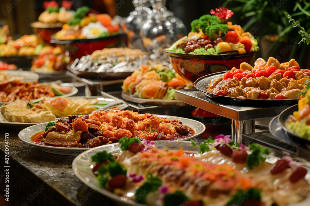 A sumptuous buffet spread with an array of dishes, perfect as an abstract and best-selling background or wallpaper for culinary concepts
