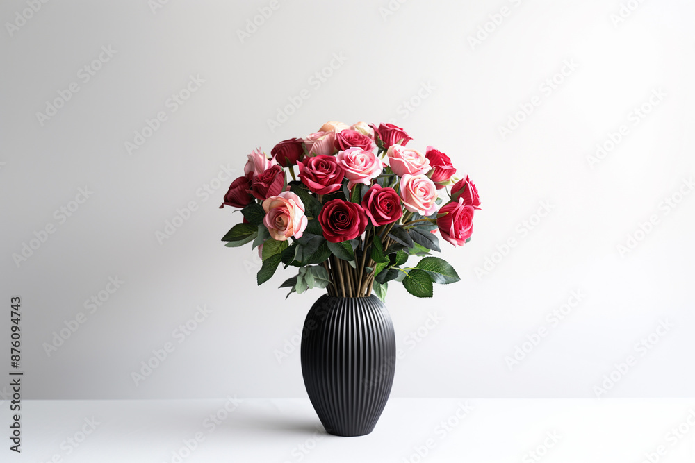 Fototapeta premium an image of a luxurious bouquet of long-stemmed red and pink roses, arranged in a sophisticated black vase, against a white background. The roses are in full bloom, with lush green leaves
