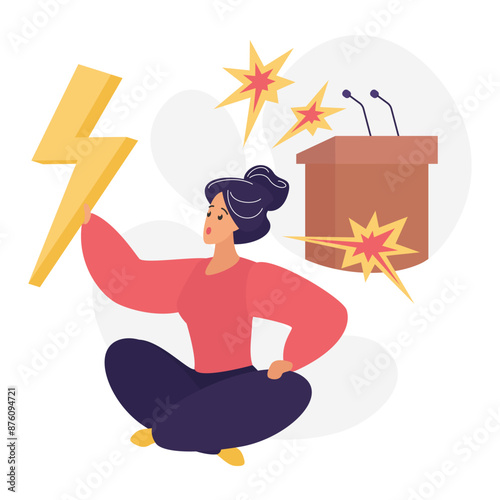 Female character holding lightning bolt at podium, emotions in speech and inspiration vector illustration