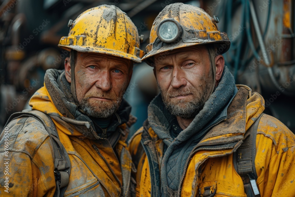 Two older miners in yellow gear, with dirt and sweat on their faces, stand side by side, representing experience and resilience in tough working conditions. Two older miners in yellow gear, with dirt and sweat on their faces, stand side by side, representing experience and resilience in tough working conditions.