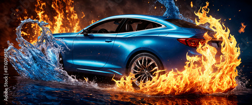 Realistic Car with Flames and Water: Illuminated Detail