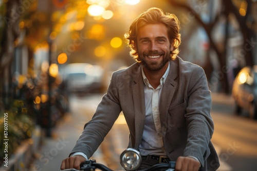 A smiling man rides his bike down a sunlit street during the golden hour, the warm light creating a picturesque and joyful atmosphere around him. © Dacha AI