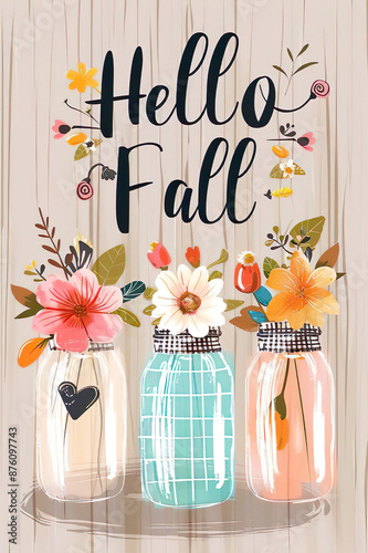 illustration jars with fall flowers, pastel colors, "hello fall" background, postcard
