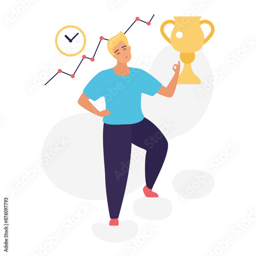 Male character with golden cup, extrovert and winner personality vector illustration