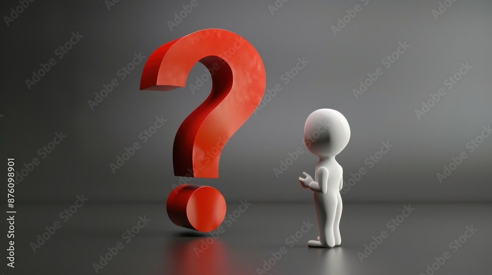 3D Render of a White Figure Standing in Front of a Large Red Question Mark on a Gray Background 3D Render of a White Figure Standing in Front of a Large Red Question Mark on a Gray Background