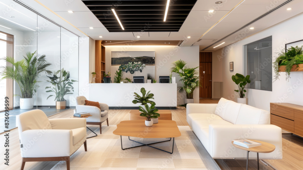 Fototapeta premium Potted plant at modern office with black shade for comfortable work