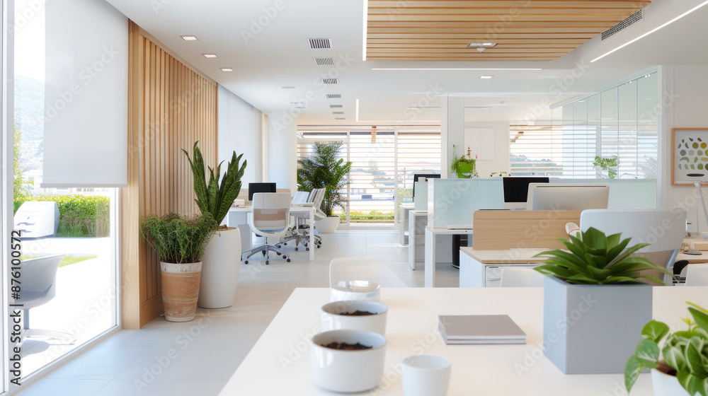 Fototapeta premium Potted plant at modern office with blue shade for comfortable work