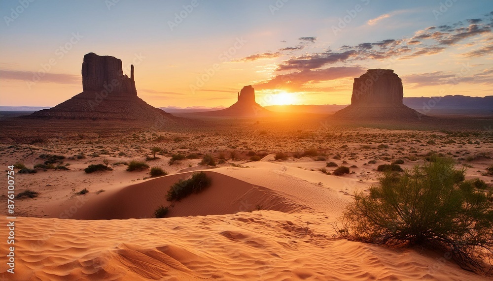 A desert landscape with a sunset in the background A desert landscape with a sunset in the background