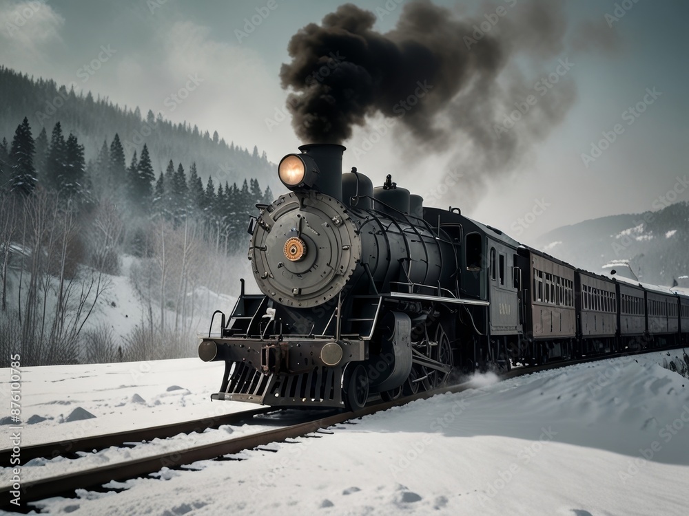 Obraz premium Steam Train in Winter Landscape