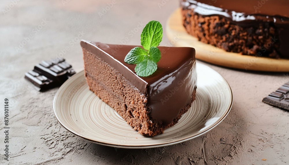 A slice of cake with chocolate frosting and a green leaf on top A slice of cake with chocolate frosting and a green leaf on top