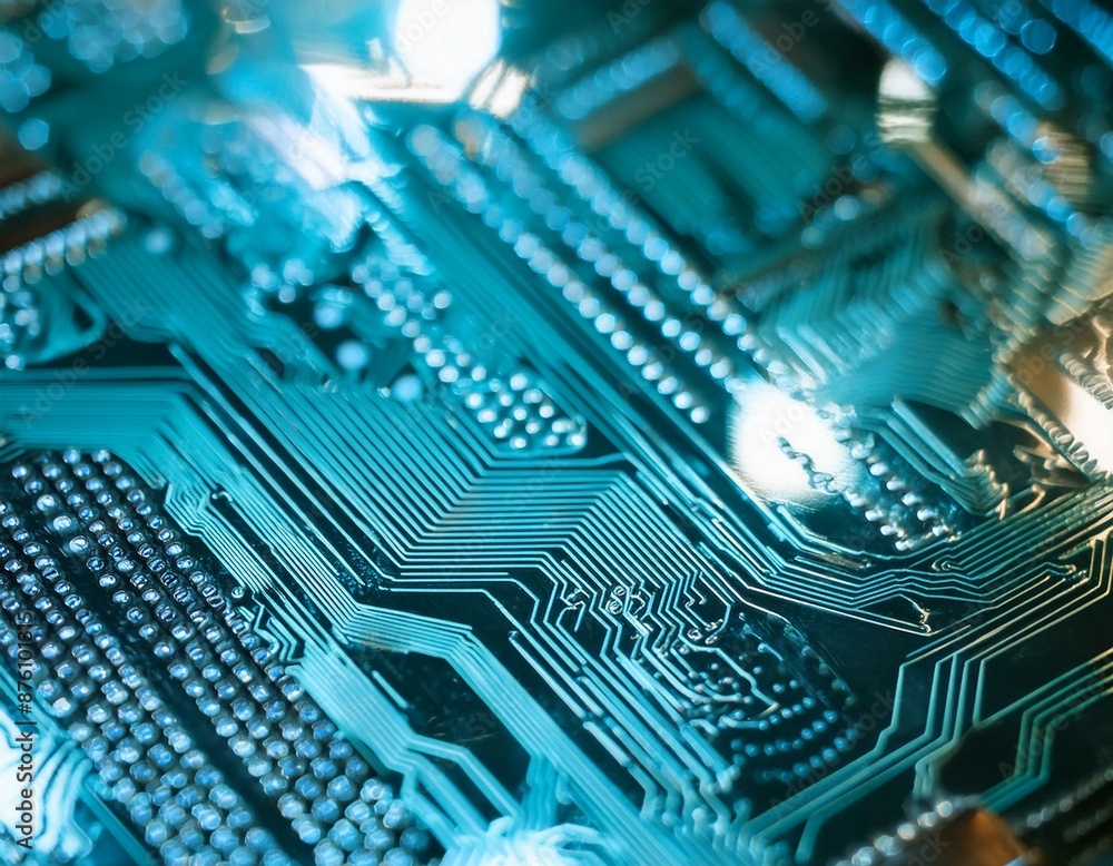 Abstract close-up of a glowing digital circuit board with blue lights, representing advanced technology and futuristic innovation. Abstract close-up of a glowing digital circuit board with blue lights, representing advanced technology and futuristic innovation.