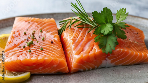 Assortment of heathy food with raw salmon steaks