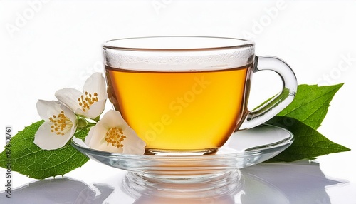 Aromatic jasmine tea in cup, flowers and green leaves isolated on white 