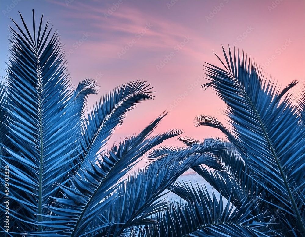 Fototapeta premium Blue Palm Leaves Against Pink Sky 