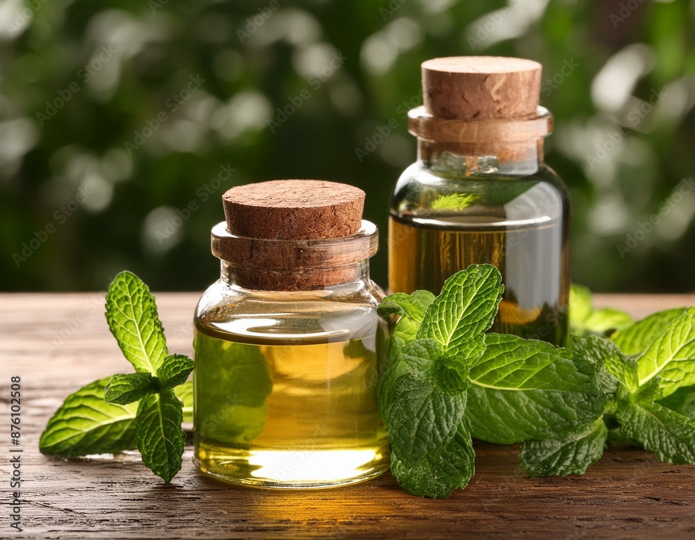 Bottles of mint essential oil and fresh leaves on wooden table, space for text 