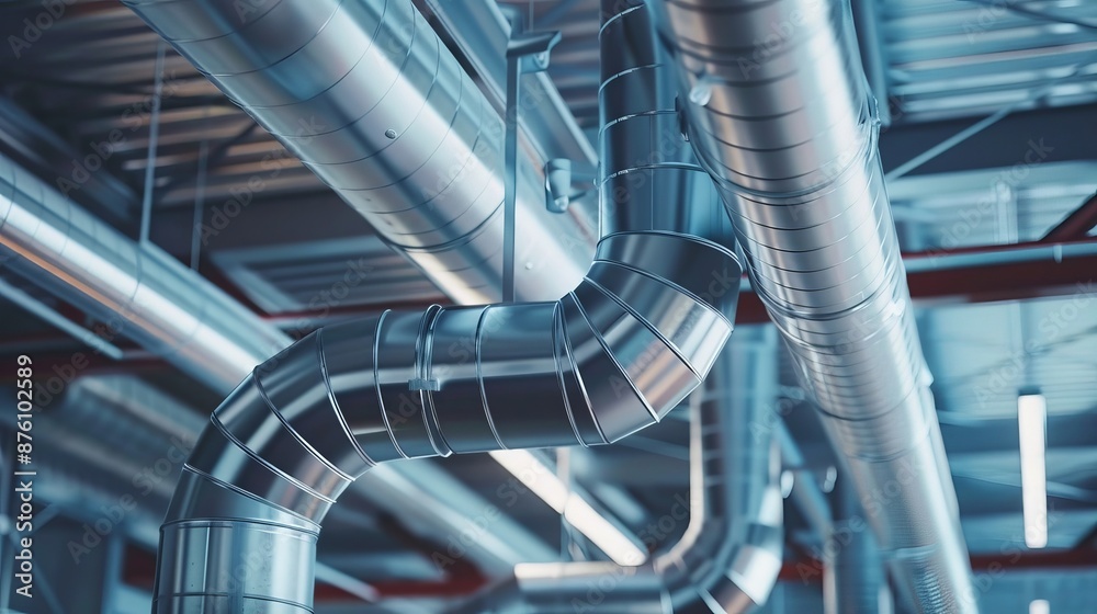 Fototapeta premium Industrial pipeline system with blue lighting in a modern facility