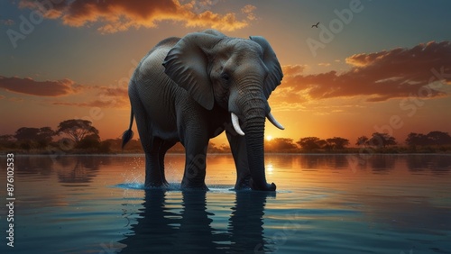 Elephant at Sunset in Water © Василь Тігай