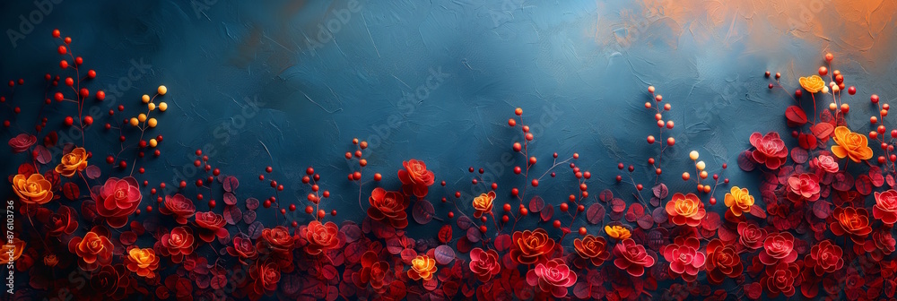 Vibrant red and yellow flowers with berries on a dark textured background, creating a striking and festive atmosphere, perfect for holiday and celebration designs Vibrant red and yellow flowers with berries on a dark textured background, creating a striking and festive atmosphere, perfect for holiday and celebration designs