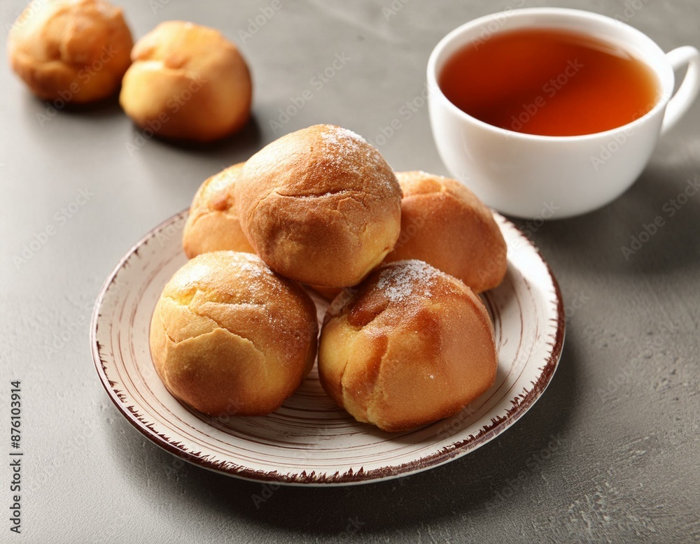 Delicious dough balls and tea on grey table, closeup Delicious dough balls and tea on grey table, closeup