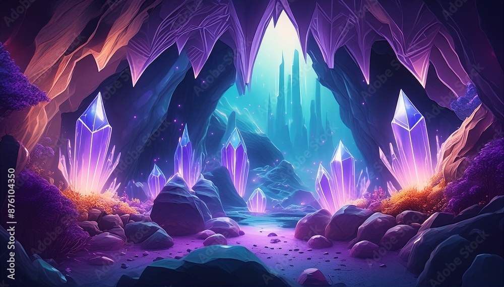 Fototapeta premium Enchanted crystal cave with glowing formations and mystical lights in a fantasy setting. Perfect for magical and fantasy-themed projects.